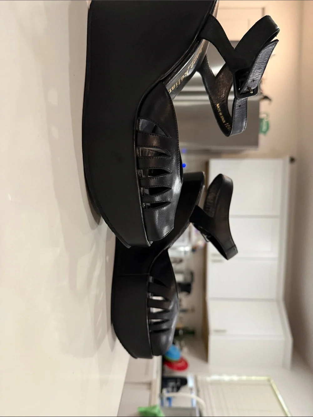 Stephane Kelian Black Leather Peep-Toe Wedge Sandals vintage brand new!